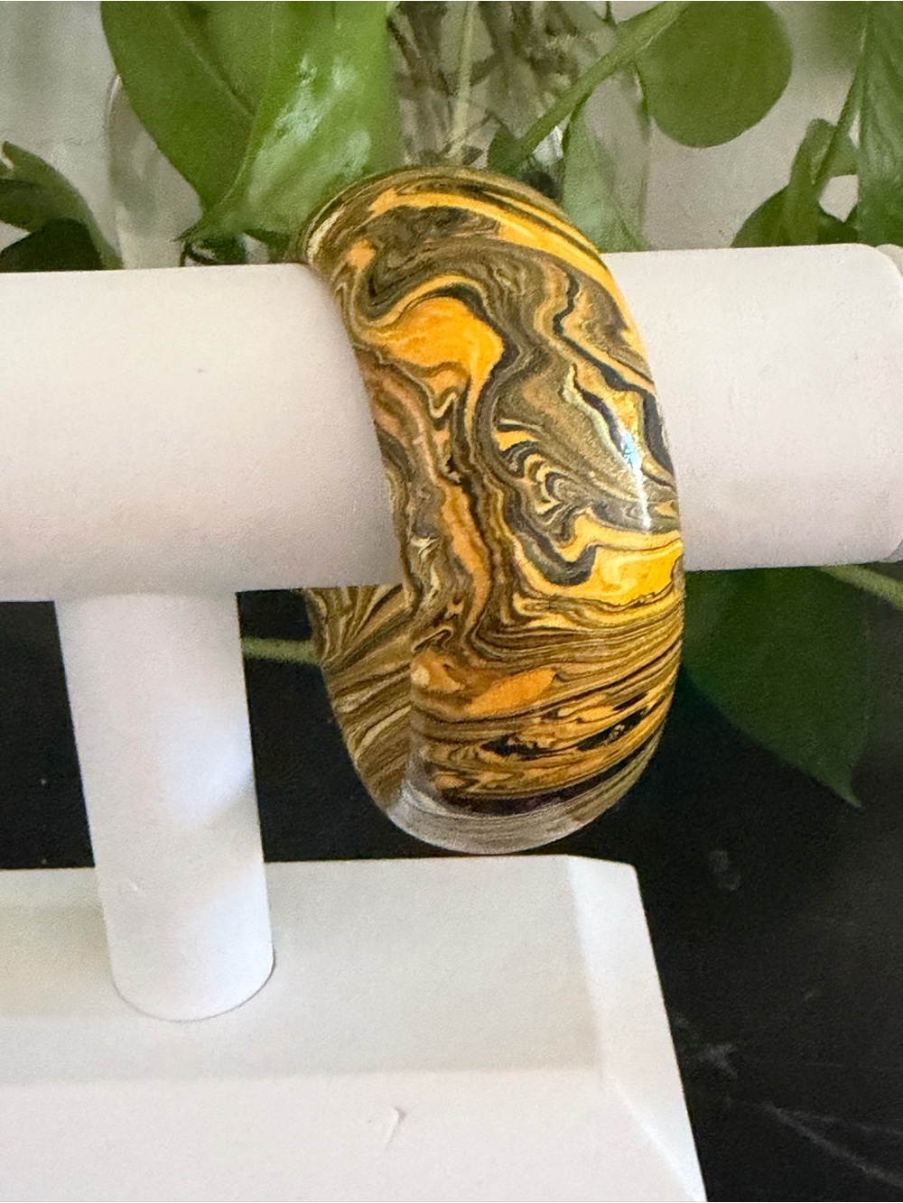 Vintage Big Yellow & Black Mississippi Mud Swirl Resin Cuff Bangle Bracelet